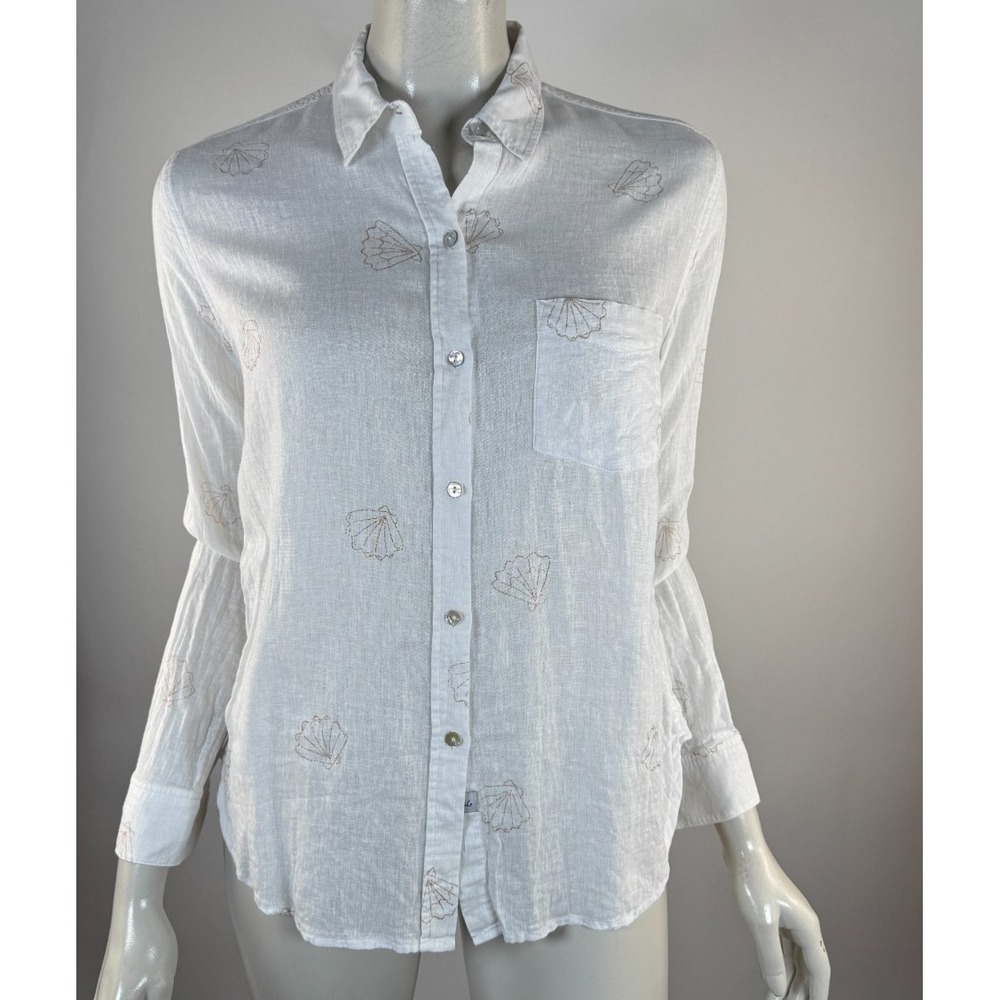 Rails Charli Gold Scallop Shells Shirt Women XS EUC Linen Long Sleeve Button-up